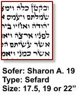 Sofer: Sharon A. 19 Type: Sefard Size: 17.5, 19 or 22”