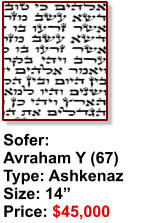 Sofer:  Avraham Y (67) Type: Ashkenaz Size: 14” Price: $45,000
