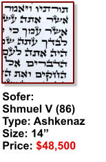 Sofer:  Shmuel V (86) Type: Ashkenaz Size: 14” Price: $48,500
