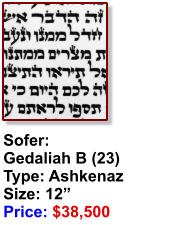 Sofer:  Gedaliah B (23) Type: Ashkenaz Size: 12” Price: $38,500