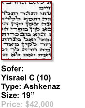 Sofer:  Yisrael C (10) Type: Ashkenaz Size: 19” Price: $42,000