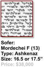 Sofer:  Mordechei F (13) Type: Ashkenaz Size: 16.5 or 17.5” Price: $38,000
